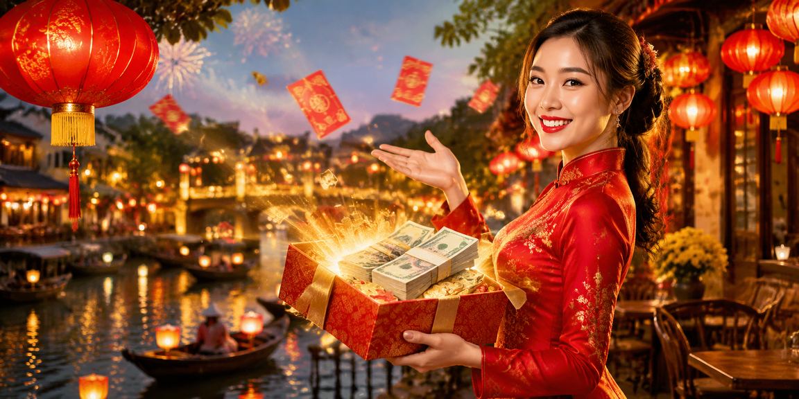 Phong bì đỏ lì xì may mắn bên tách cà phê Hội An, biểu tượng khuyến mãi dịp Tết